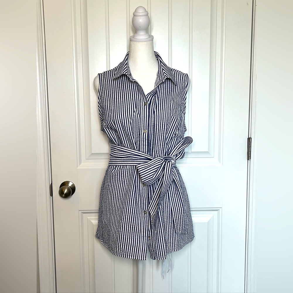 RACHEL Rachel Roy 100% cotton seersucker striped blouse waist belt Size 1X CB118
